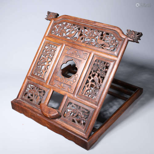 A bird and flower fragrant rosewood carved mirror stand