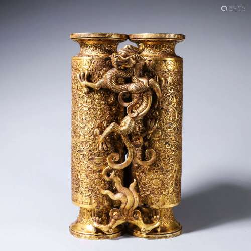 A gilding copper dragon and phoenix vase