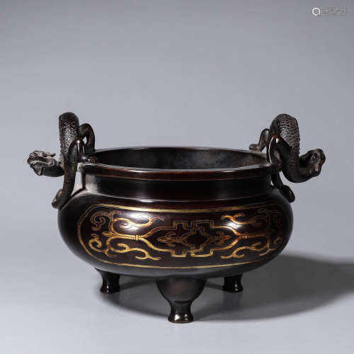 A copper censer with kui dragon shaped ears