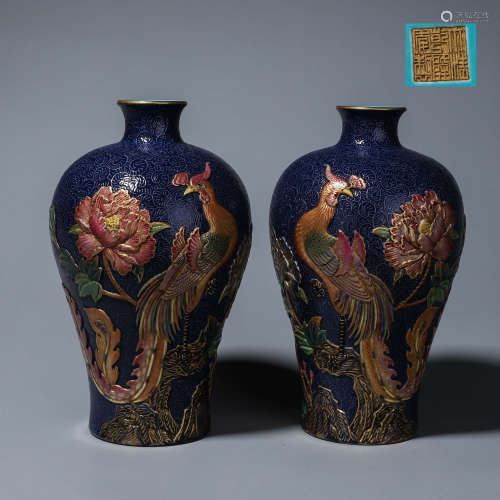 A pair of blue glazed gilt phoenix and peony porcelain vases