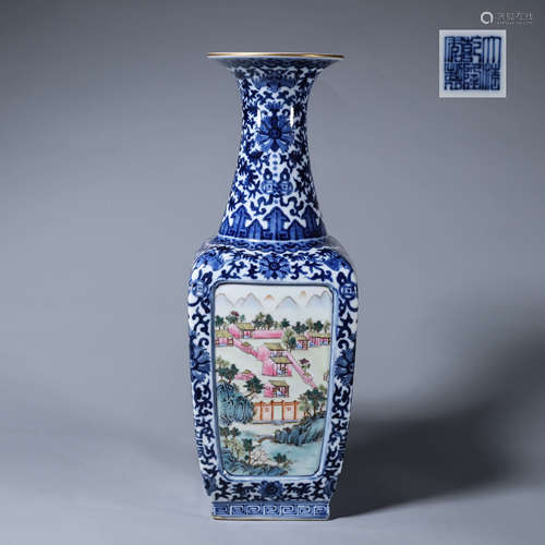 A blue and white famille rose landscape porcelain vase