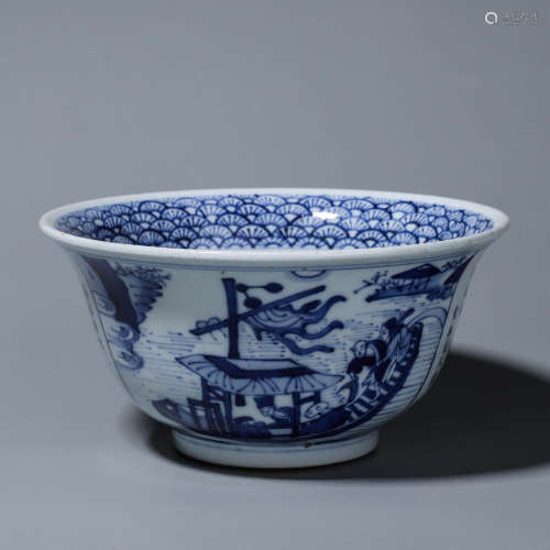 A blue and white figure inscribed porcelain bowl