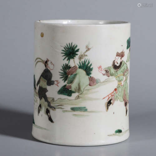 A multicolored figure porcelain brush pot