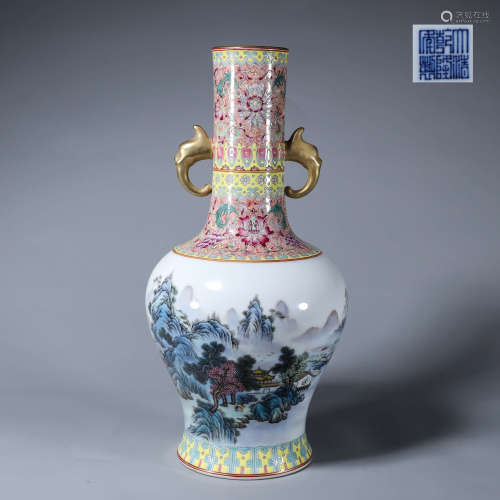 A famille rose landscape porcelain double-eared vase