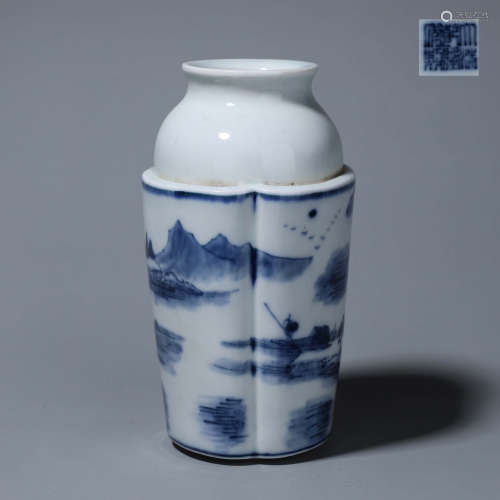 A blue and white landscape porcelain vase