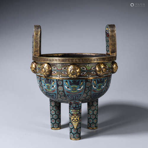 A double-eared three-legged cloisonne pot