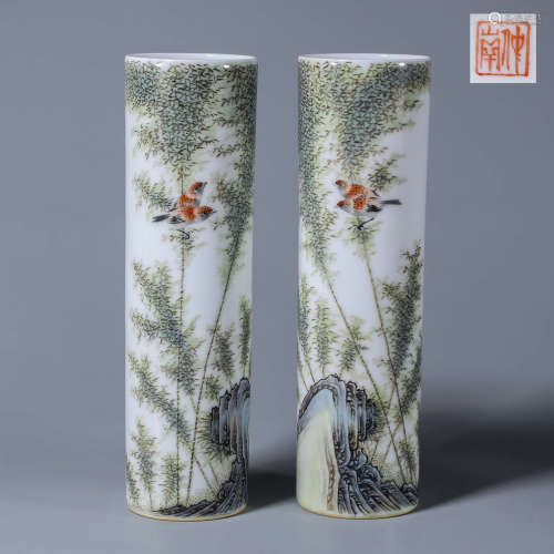 A pair of light colored bird and flower inscribed porcelain ...