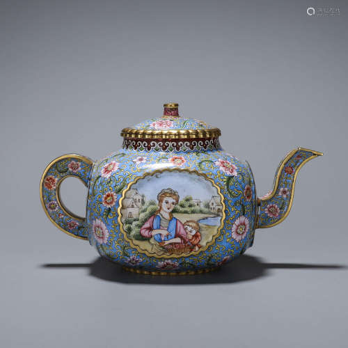 A copper enamel figure teapot