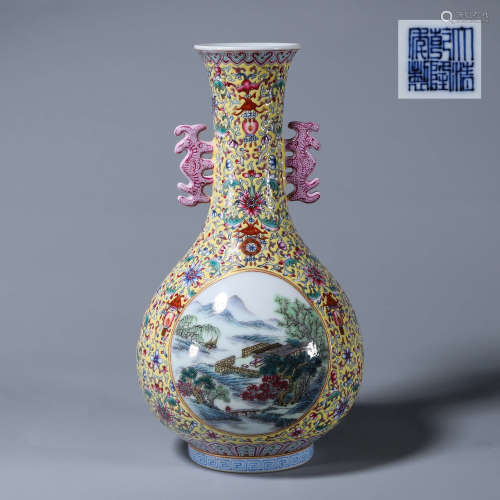 A famille rose landscape porcelain double-eared vase