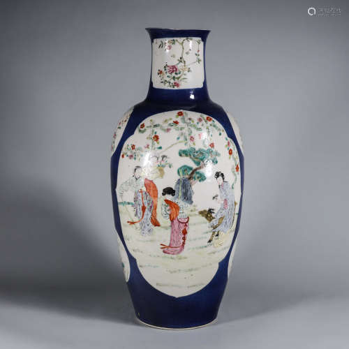 A blue glazed famille rose figure porcelain vase