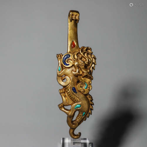 A gilding copper gem-inlaid dragon hook