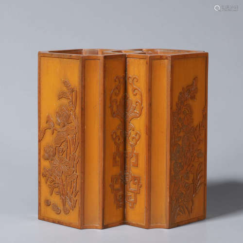 A dragon carved bamboo brush pot