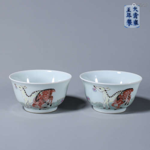 A pair of famille rose deer porcelain cups