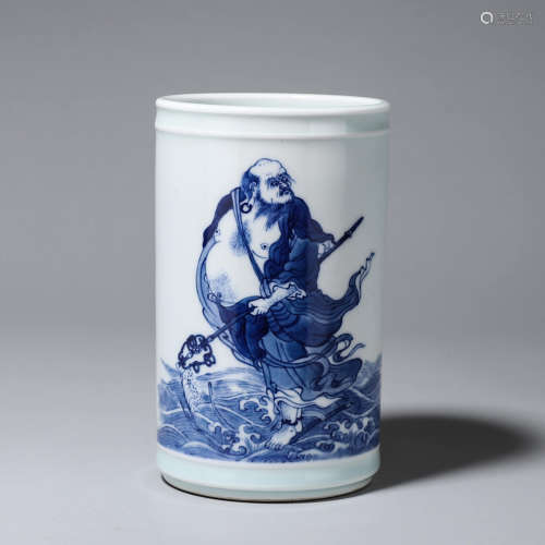 A blue and white porcelain brush pot