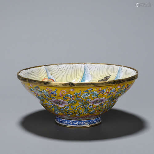 A flower and butterfly patterned copper enamel bowl