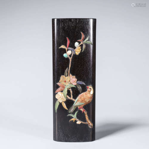 A red sandalwood gem-inlaid bird and flower arm stand