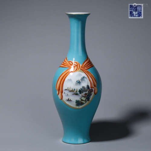A blue glazed landscape porcelain vase