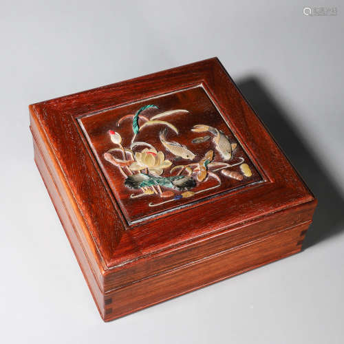 A fragrant rosewood gem-inlaid lotus box