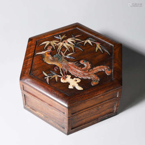 A fragrant rosewood gem-inlaid phoenix box