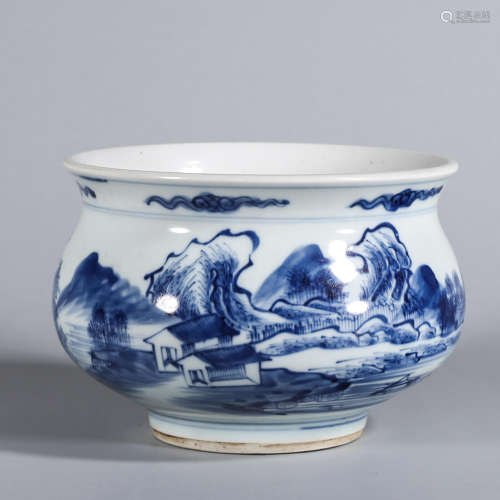 A blue and white landscape porcelain brush washer