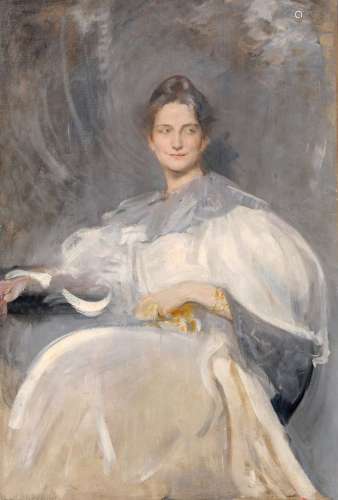 Reinhold Lepsius, Porträt einer Dame in weißem Kleid. Um 190...