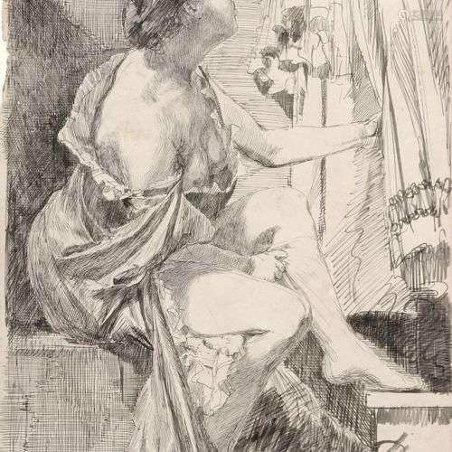 Max Klinger, Strumpfanziehende Dame im Boudoir. 1878.Max Kli...