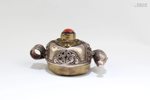 A Tibetan silver and brass inlaid, Gao Box with old