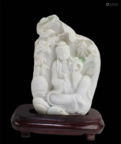 A Carved Jade Guanyin Statue With Stand