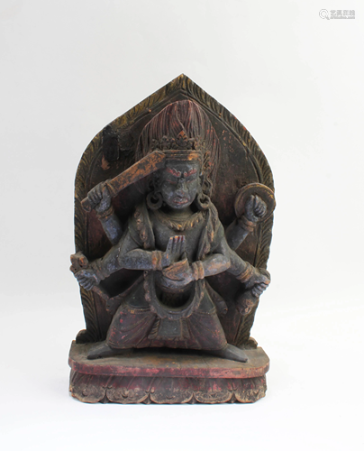 Antique Carved Wooden Tibetan Deity 'Da Wei De Jin