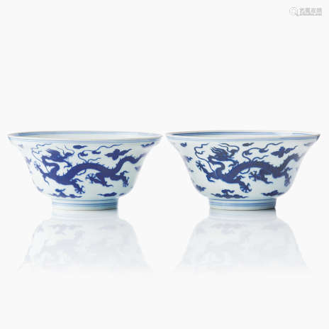 A Pair of Fine Chinese Blue and White ‘Dragon’ Bowls