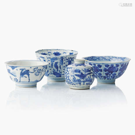 Three Chinese Blue and White Bowls and a Jar