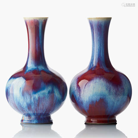 Two Rare Superb Flambé-Glazed Bottle Vases