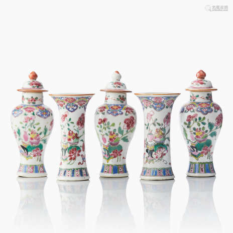 A Chinese Famille Rose Miniature Export Garniture of Five Va...