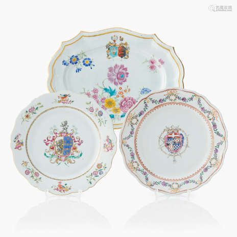 Three Chinese Famille Rose Armorial Dishes