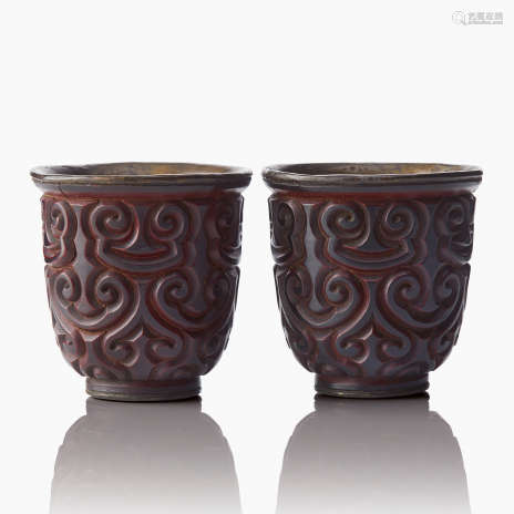 A Pair of Carved Tixi Cinnabar Lacquer Cups