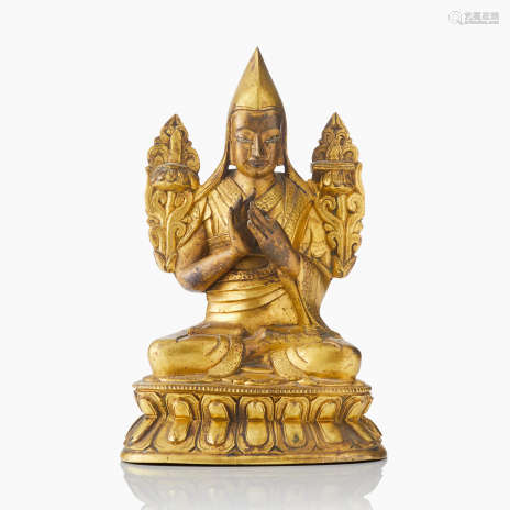 A Tibeto-Chinese Gilt Bronze Figure of Tsongkhapa