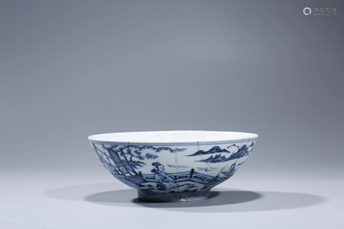 Blue and White Figure Bowl (Xuande mark at base)