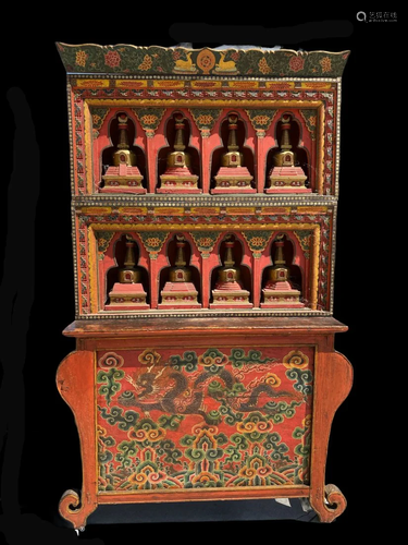 A Painted Wooden Tibetan Shrine cum Ritual Horn Holder