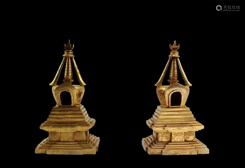 A Pair of Gilt Bronze Pagodas