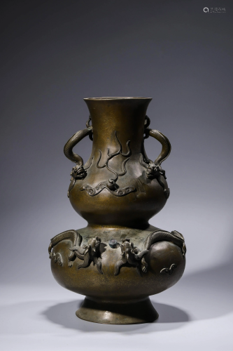 Chinese Bronze Gourd Vase with Clouds and Dragons.