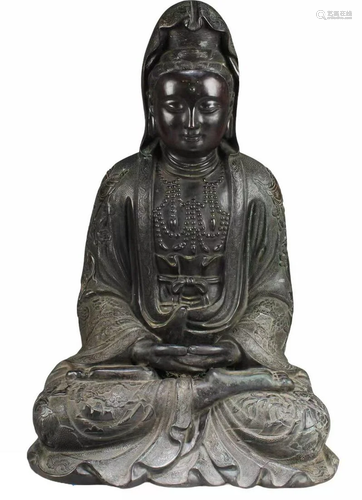 A Ming/Qing elaborately sculptured Bronze Guan Yin