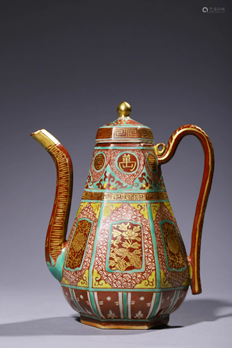 A Wucai Longevity Octagonal Shaped WinePot with Gold