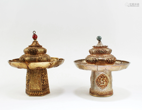 A pair of gilt parcel cup stands, Tibet, Antique