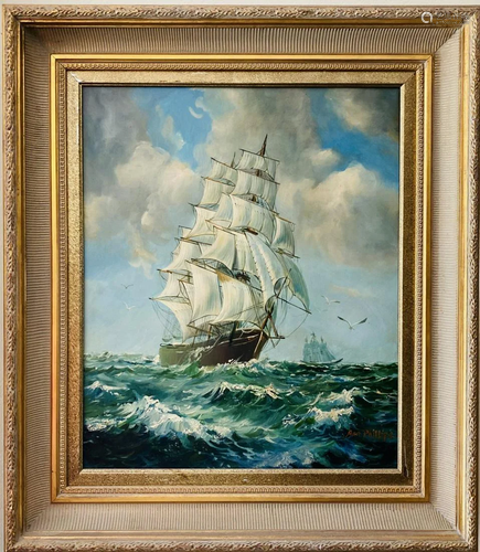 Magnificent oil painting of tall sailboat of early 20th