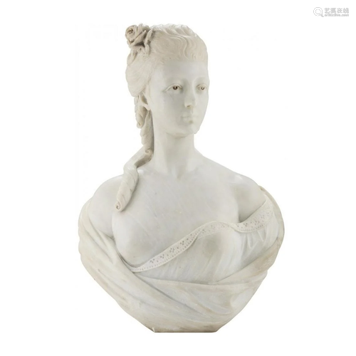 A WHITE MARBLE BUST OF A YOUNG WOMAN