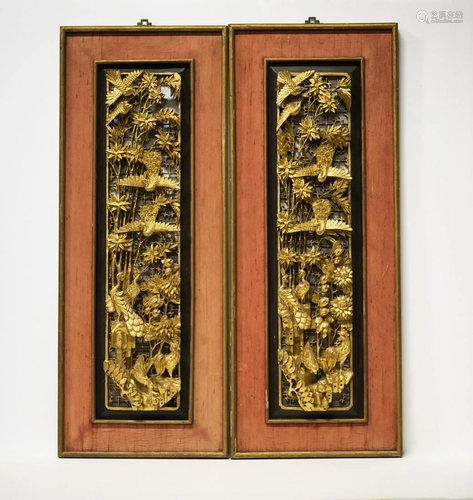 A PAIR OF CHINESE GILT GOLD 'BIRD & FLOWER' LACQUER