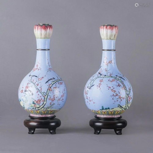 A PAIR OF CLOISONNE ENAMEL 'LOTUS-HEAD' VASES, REPU…