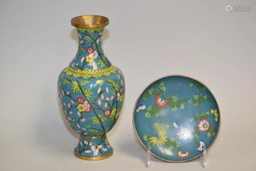 19-20th C. Chinese Cloisonne Vase and Plate