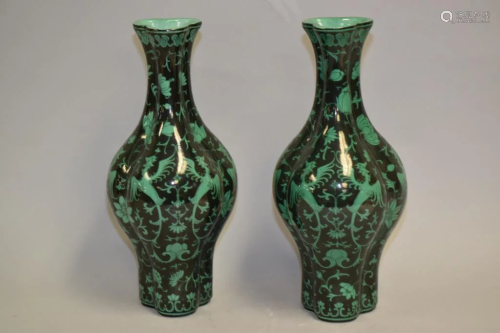 Two Chinese Porcelain Green Enamel Black Glaze Vases