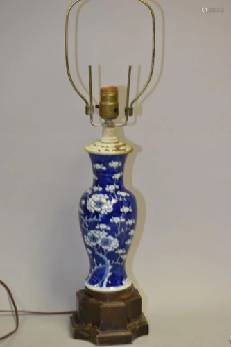 19-20th C. Chinese Porcelain B&W Plum Vase Lamp
